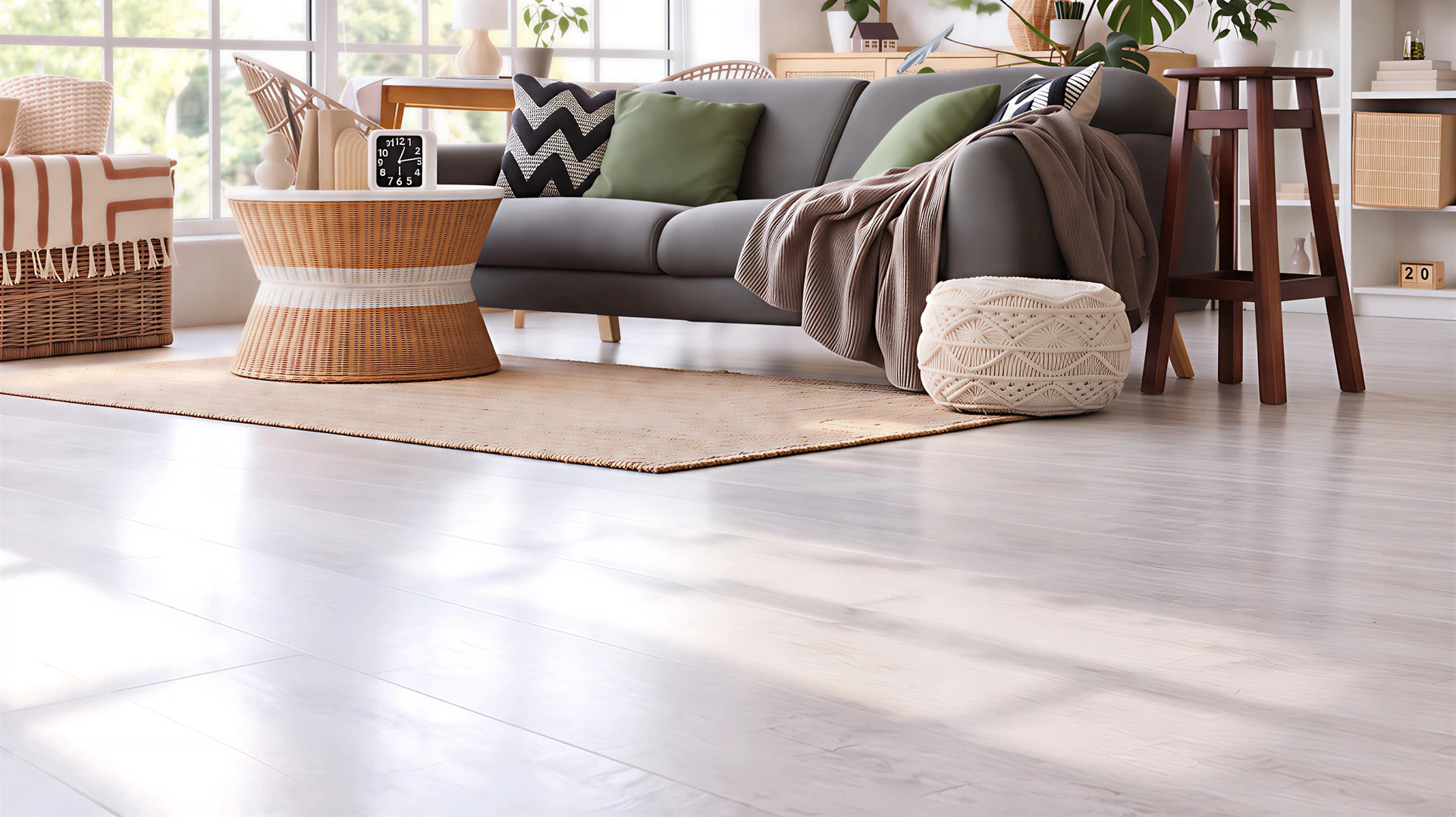 Artisan menuisier agenouillé au sol en intérieur, cutter à la main, en train d'ajuster une lame de sol stratifié imitation bois lors d'une pose flottante en salon. Lames clipsées entre elles visibles au premier plan, pose en cours, environnement intérieur moderne.